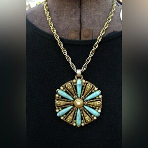 Vintage Clown Face Faux Turquoise Lucite Medallion Necklace